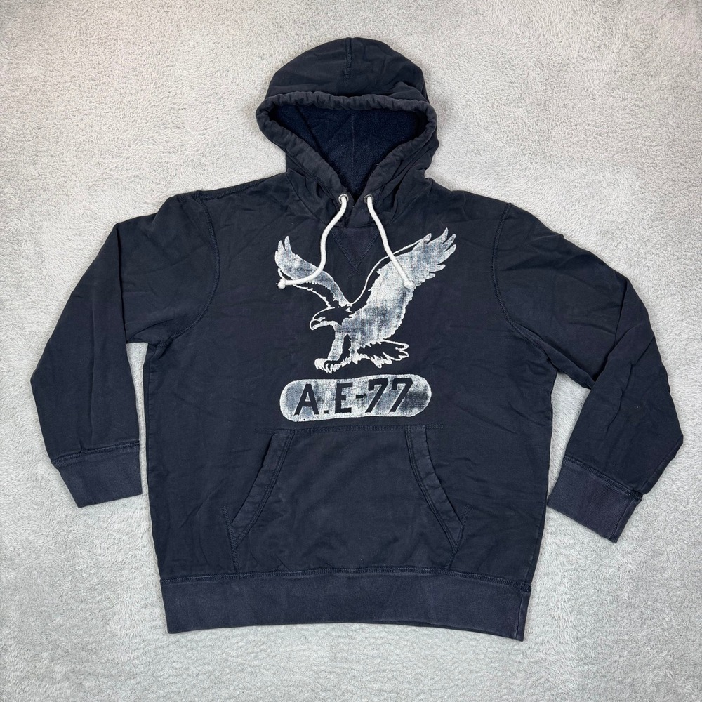 Vintage Y2K American Eagle Mens XL Navy Blue Eagle Pullover Hoodie Sweatshirt